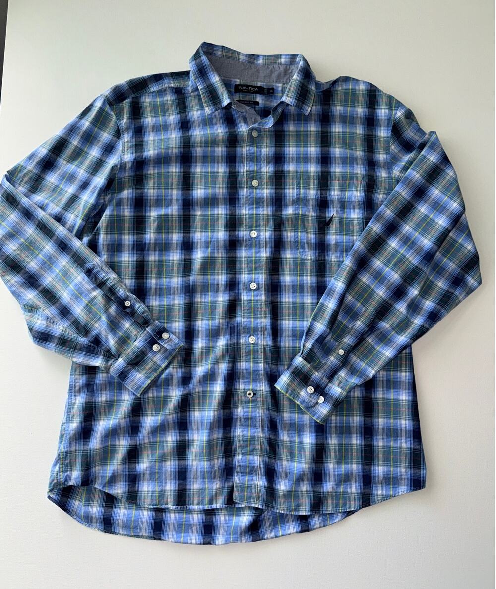Nautica Men's XL Classic Fit Plaid Shirt Blue 100% Cotton Long Sleeve